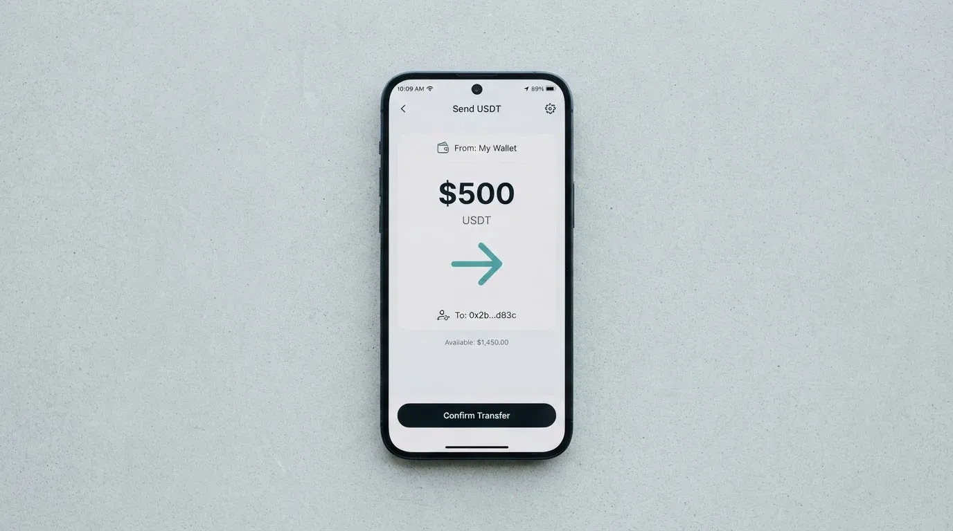 A phone showing a stablecoin transfer screen