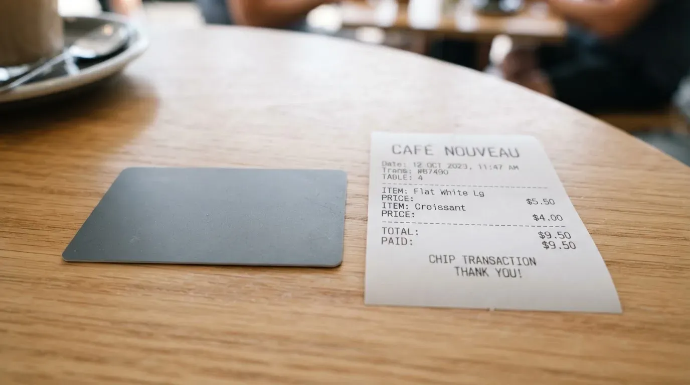 A receipt and a card on a café table