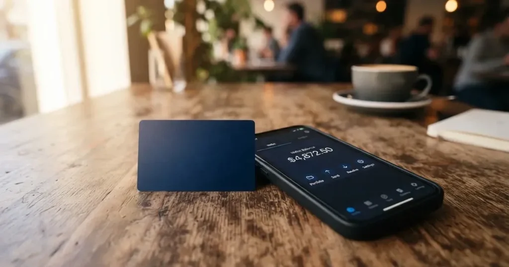 A payment card next to a phone with a crypto wallet app open