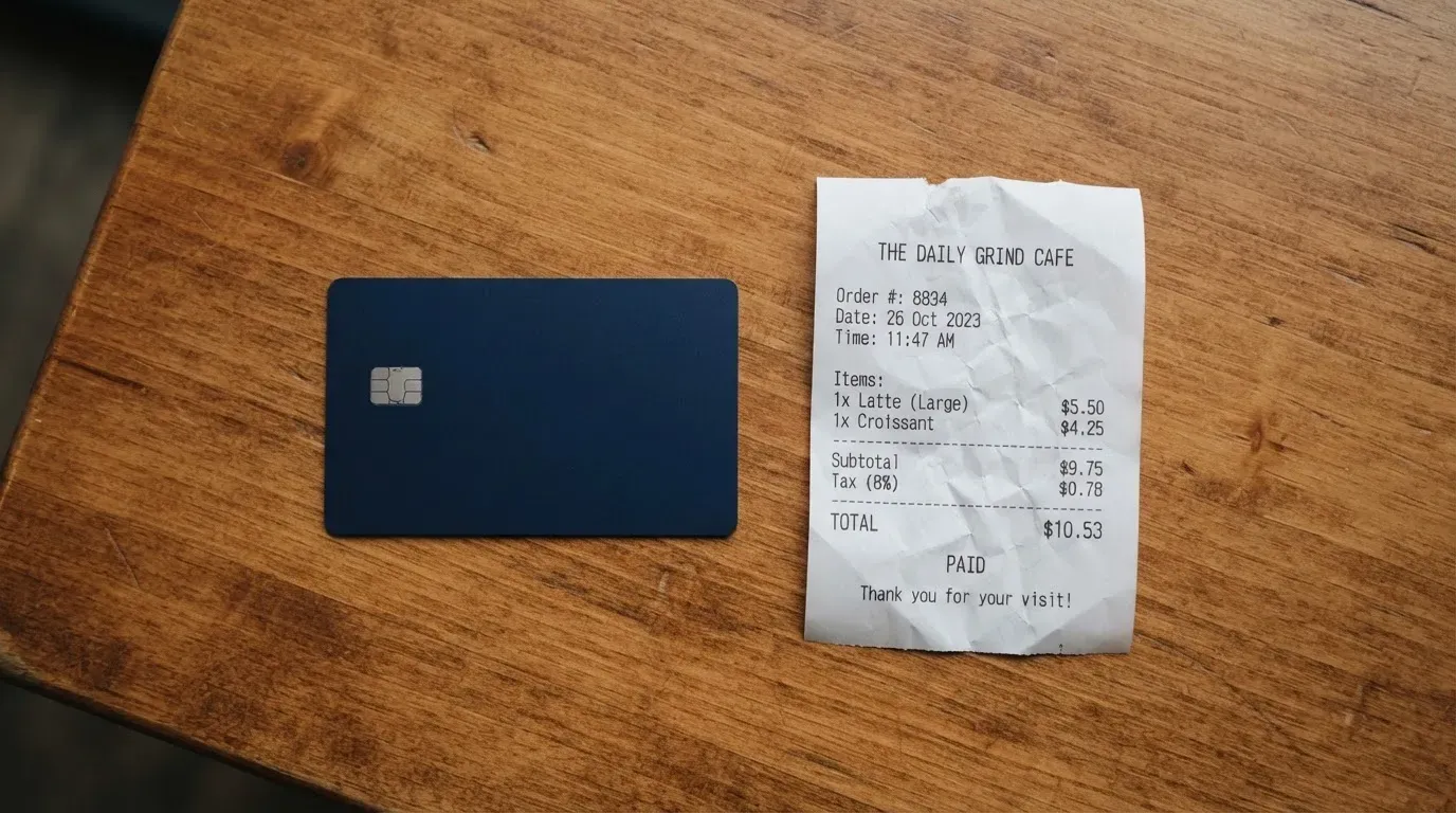A receipt and a card on a café table