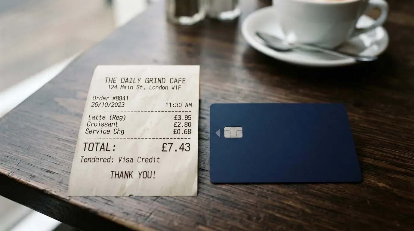 A receipt and a card on a café table