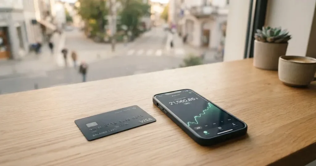 A payment card next to a phone with a crypto wallet app open