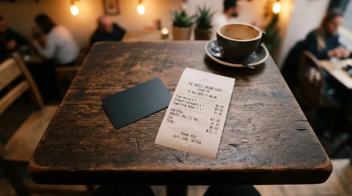 A receipt and a card on a café table