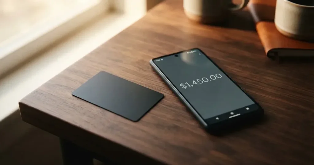 A payment card next to a phone with a crypto wallet app open