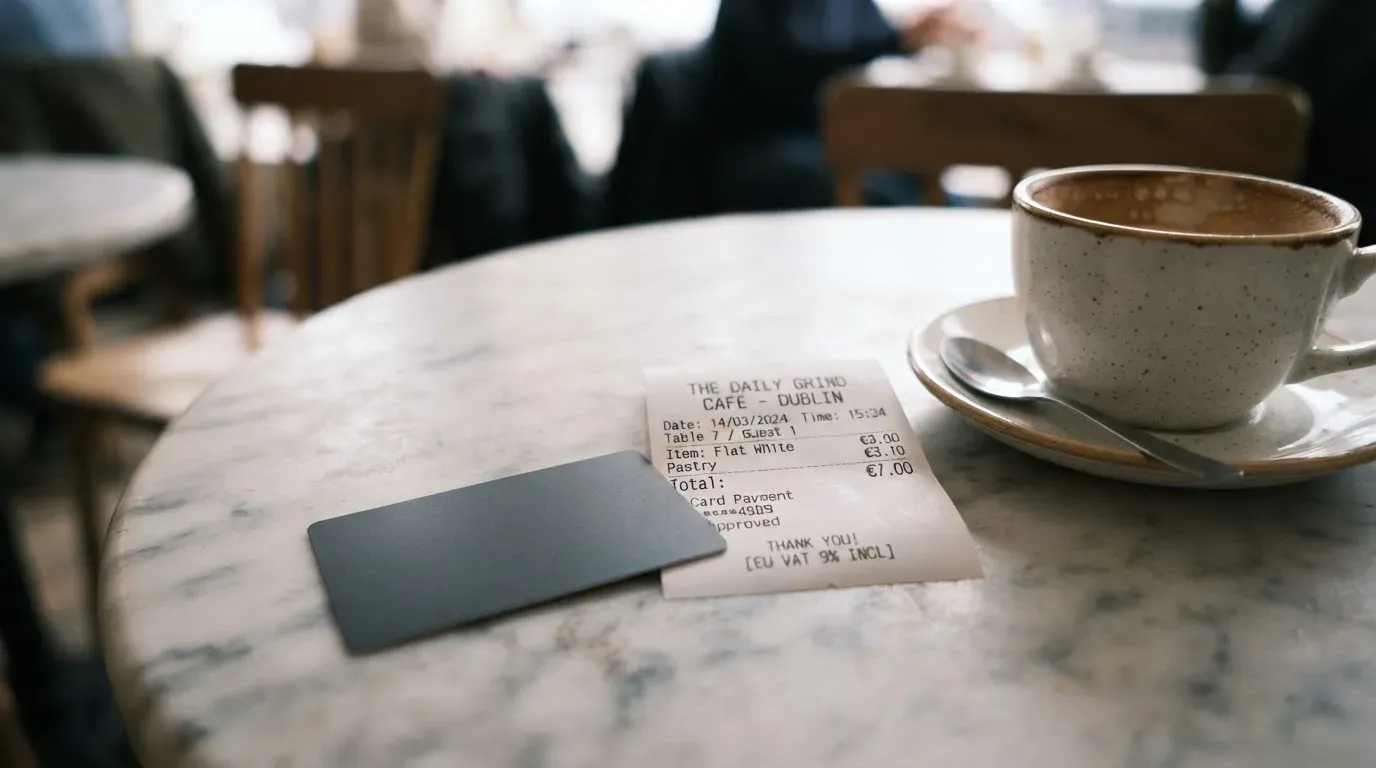 A receipt and a card on a café table