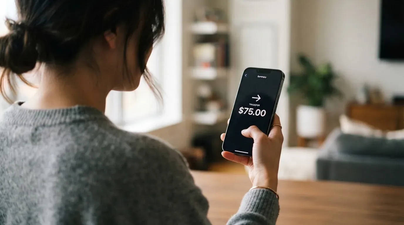 A phone showing a stablecoin transfer screen