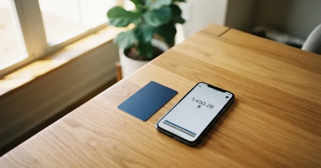 A payment card next to a phone with a crypto wallet app open