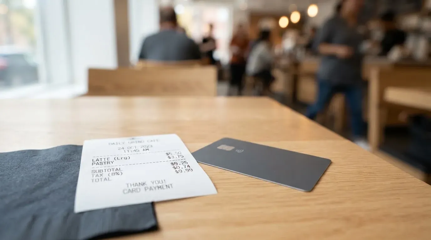 A receipt and a card on a café table