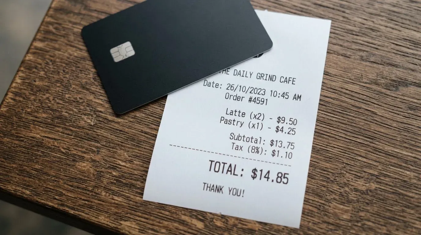 A receipt and a card on a café table