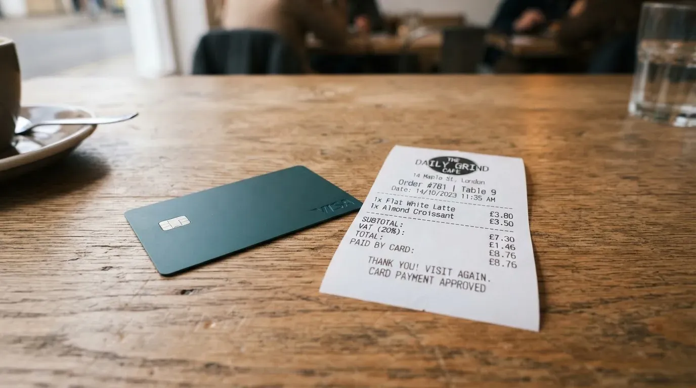 A receipt and a card on a café table