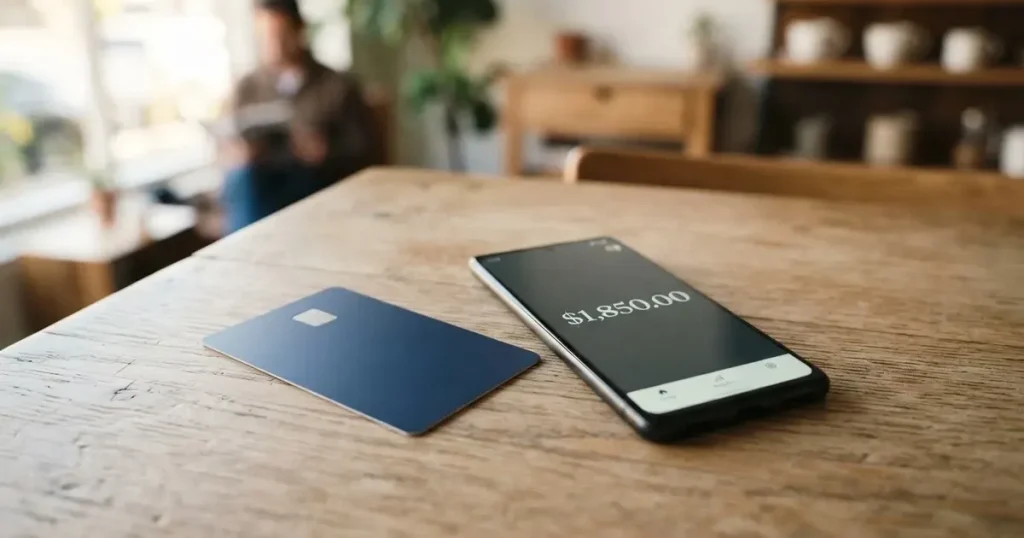 A payment card next to a phone with a crypto wallet app open