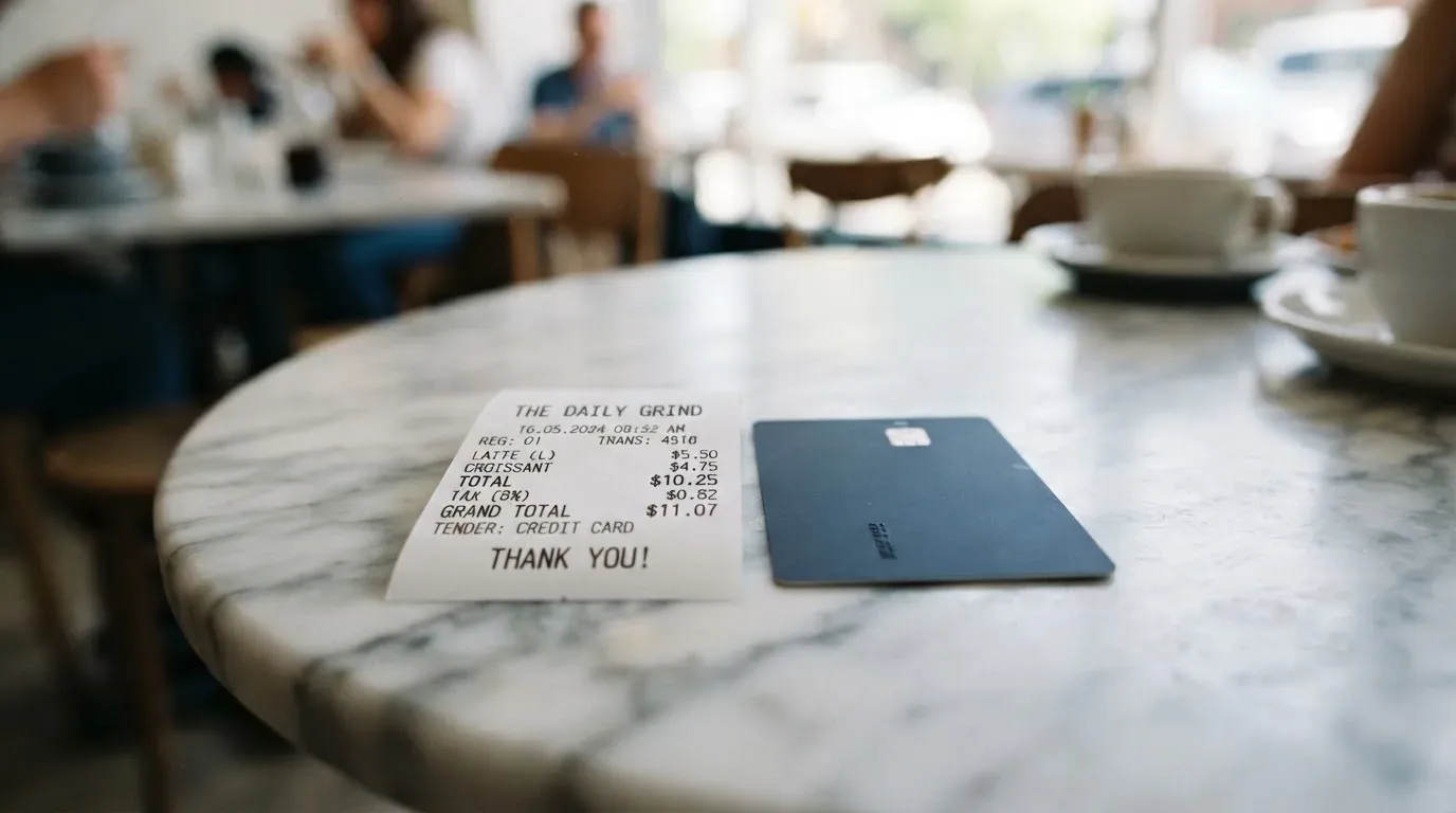 A receipt and a card on a café table