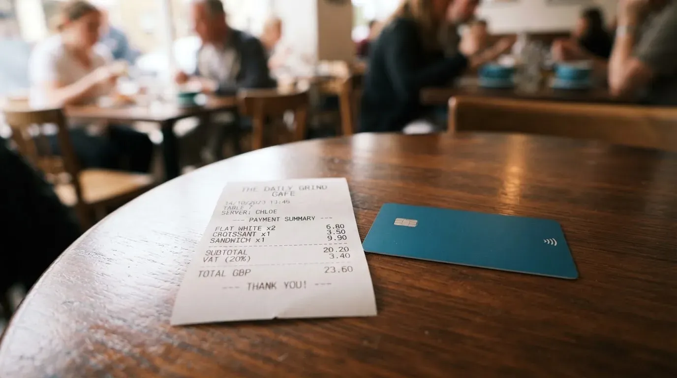 A receipt and a card on a café table