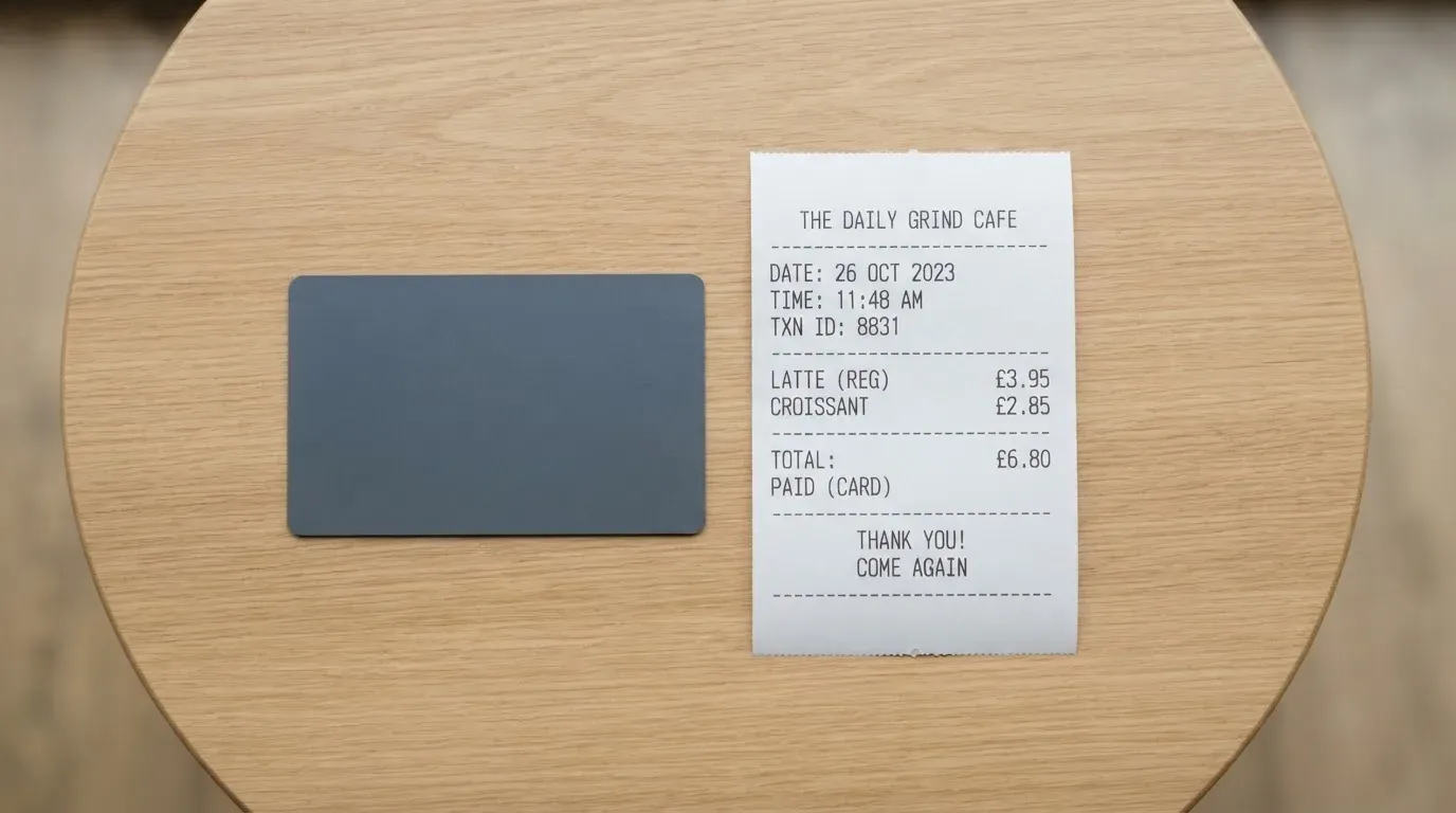 A receipt and a card on a café table