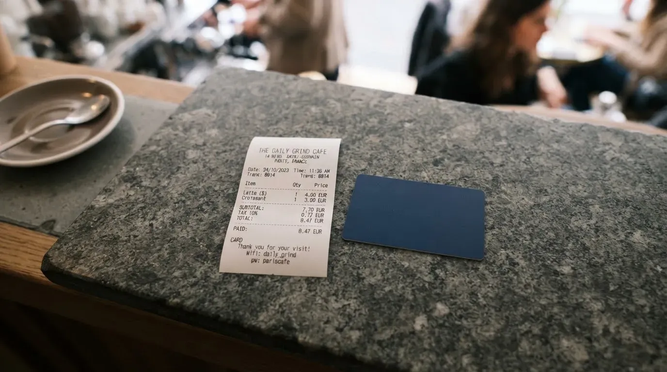 A receipt and a card on a café table