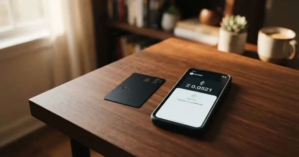 A payment card next to a phone with a crypto wallet app open