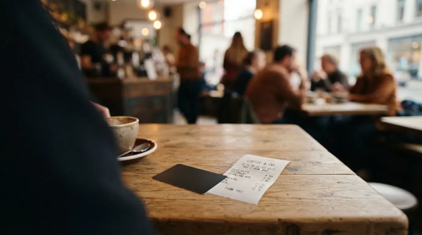 A receipt and a card on a café table