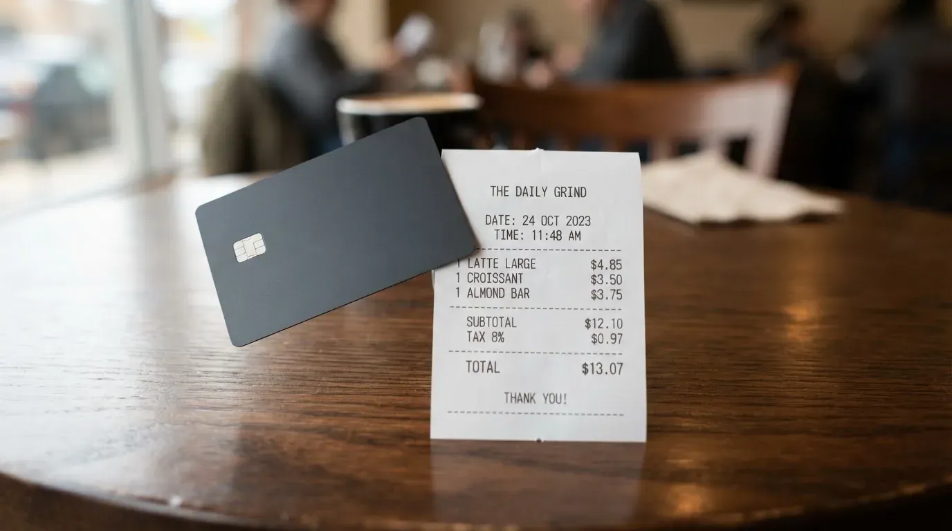 A receipt and a card on a café table