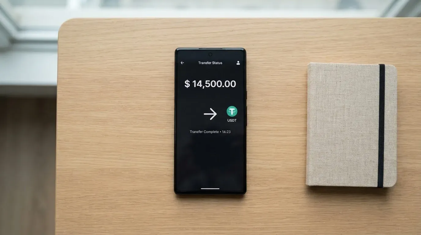 A phone showing a stablecoin transfer screen