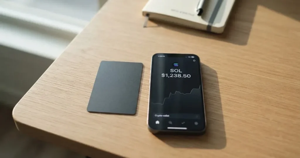 A payment card next to a phone with a crypto wallet app open