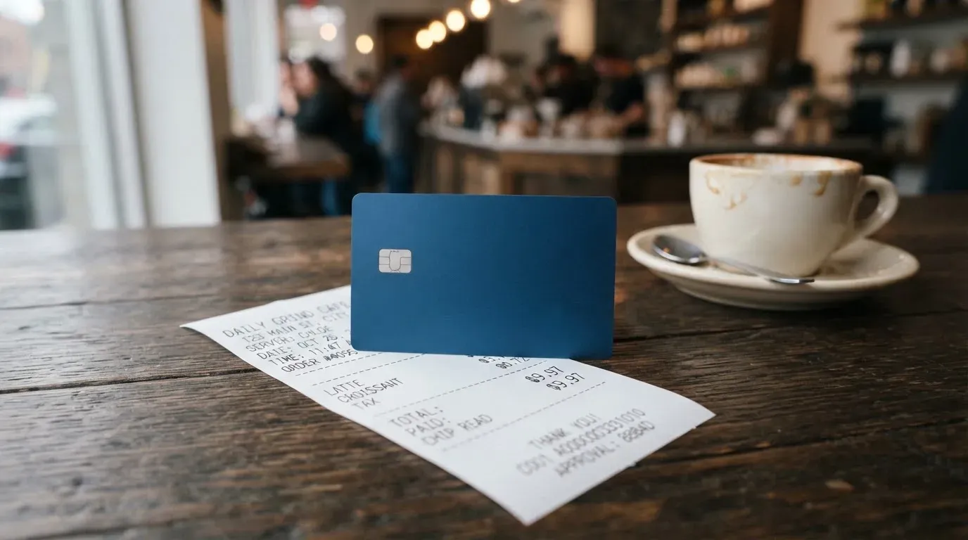 A receipt and a card on a café table