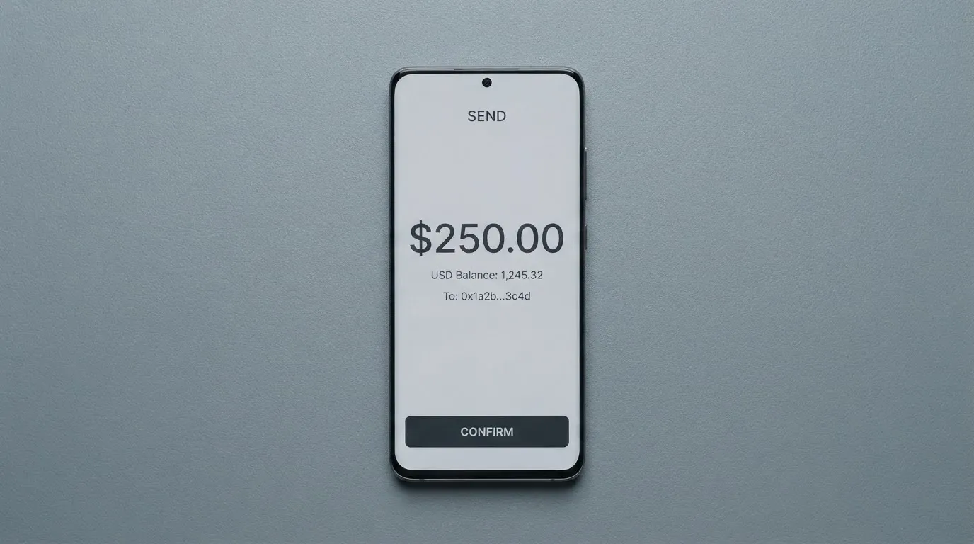 A phone showing a stablecoin transfer screen