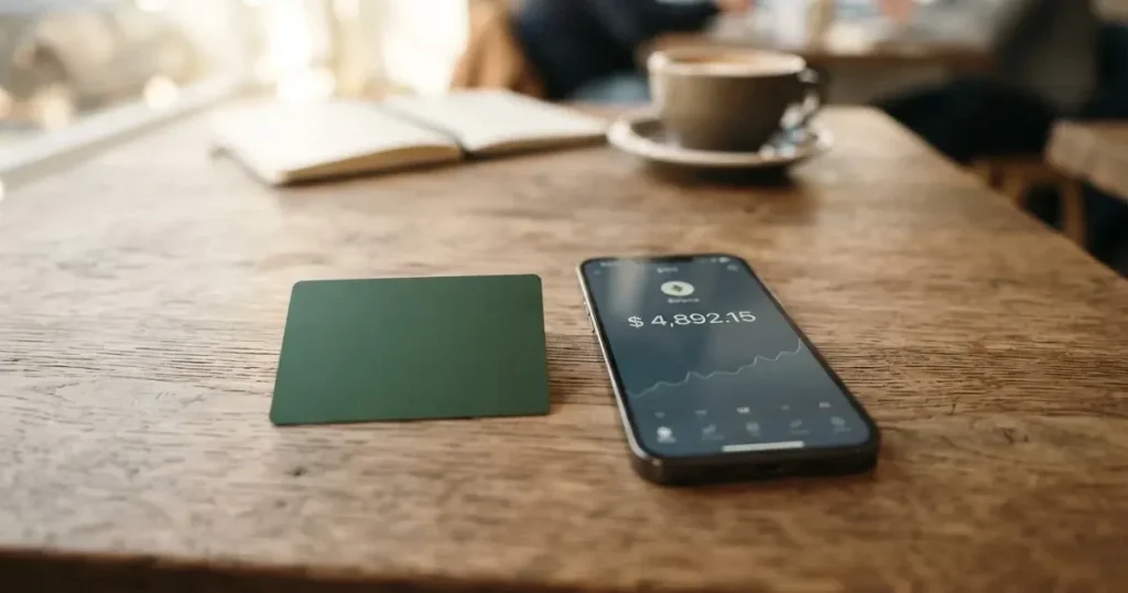 A payment card next to a phone with a crypto wallet app open