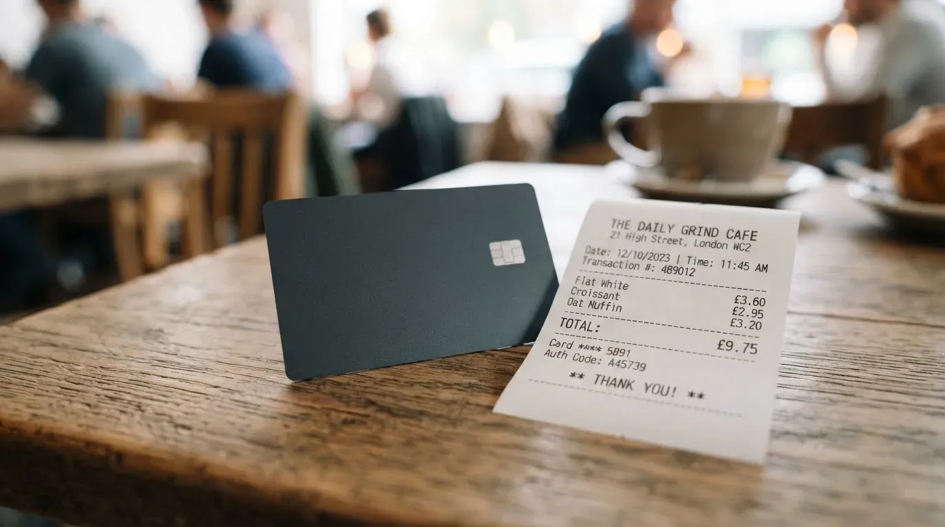 A receipt and a card on a café table