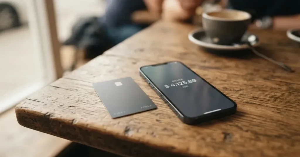 A payment card next to a phone with a crypto wallet app open