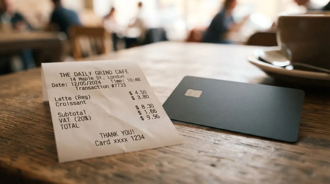 A receipt and a card on a café table