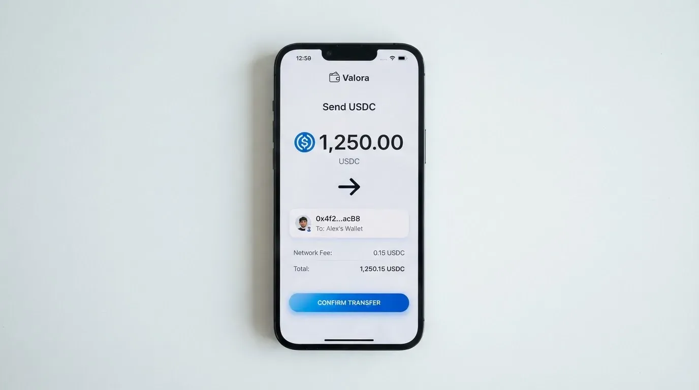 A phone showing a stablecoin transfer screen