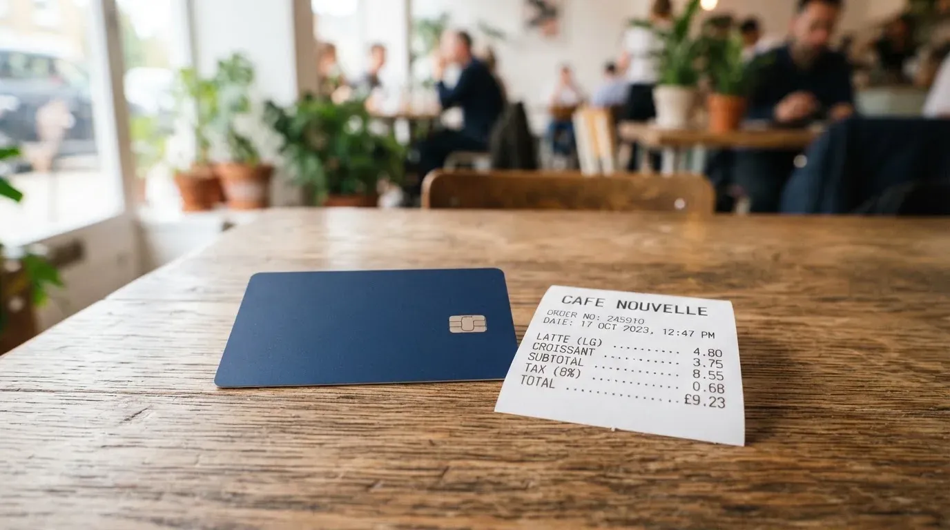 A receipt and a card on a café table