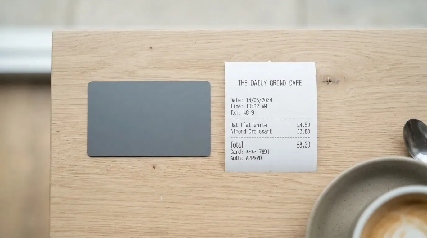 A receipt and a card on a café table