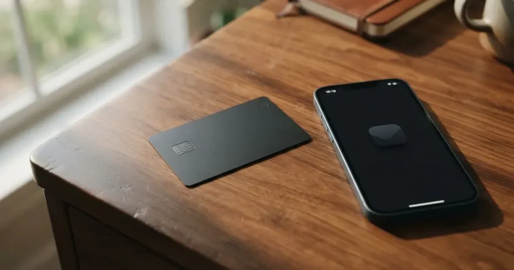 A payment card next to a phone with a crypto wallet app open