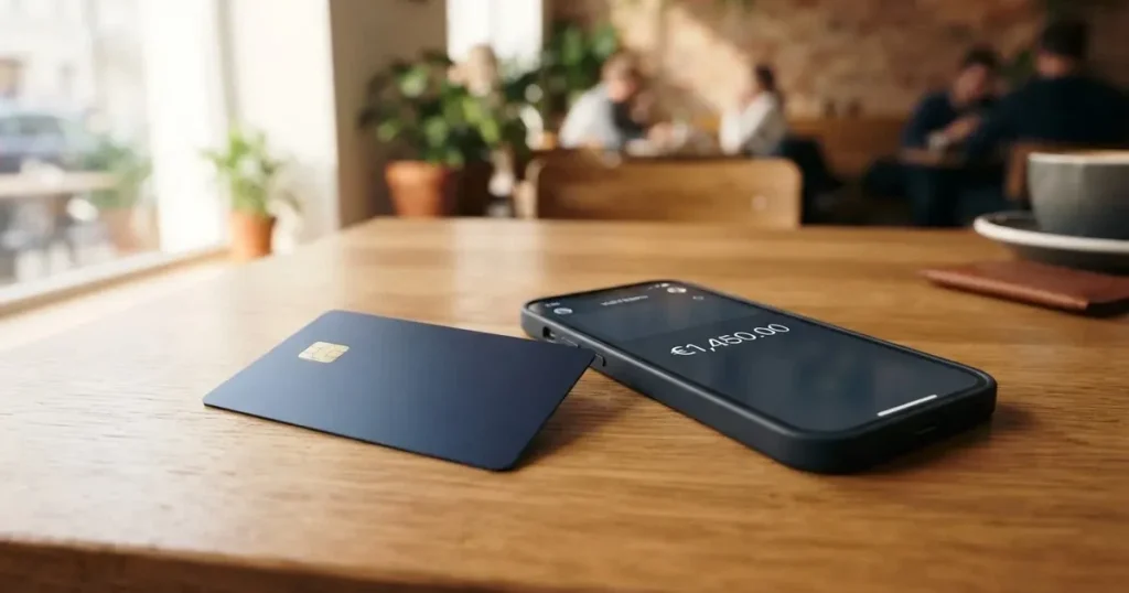 A payment card next to a phone with a crypto wallet app open