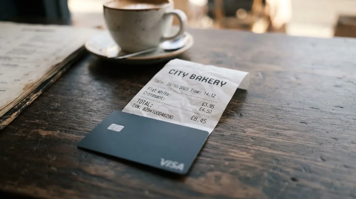 A receipt and a card on a café table