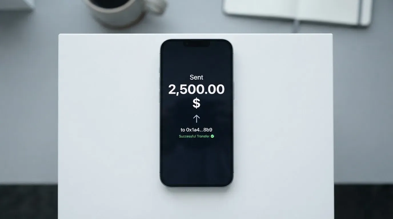 A phone showing a stablecoin transfer screen