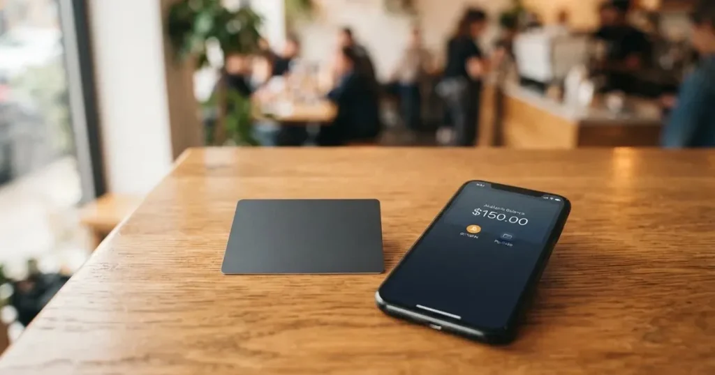 A payment card next to a phone with a crypto wallet app open