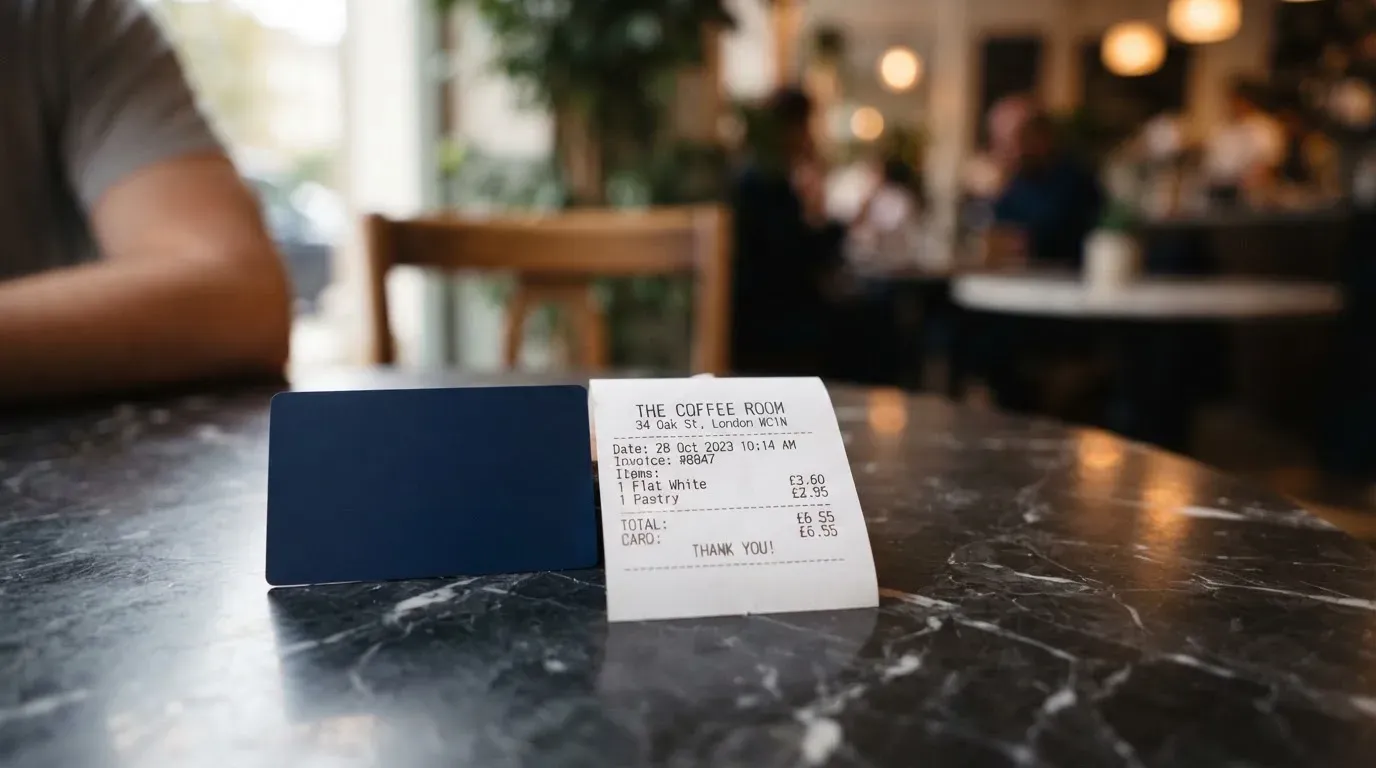 A receipt and a card on a café table