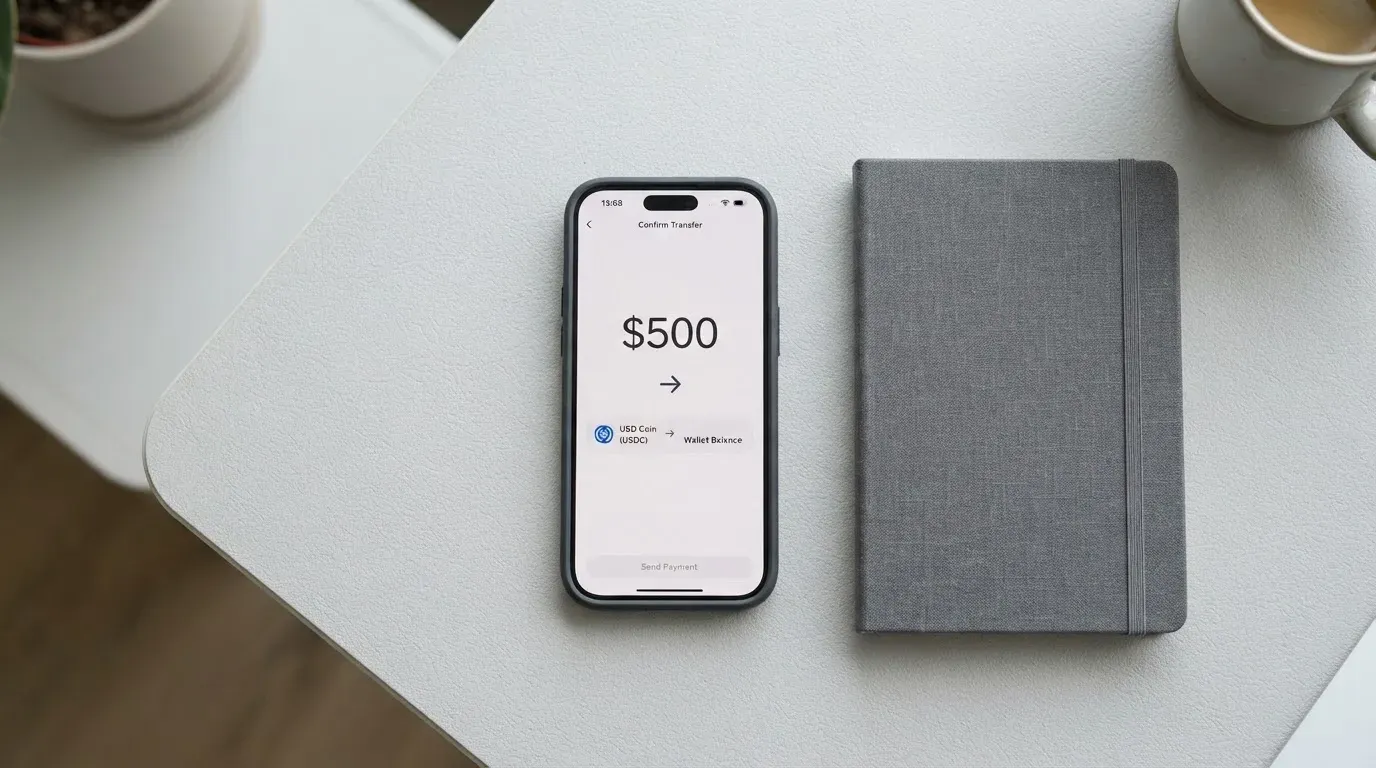 A phone showing a stablecoin transfer screen