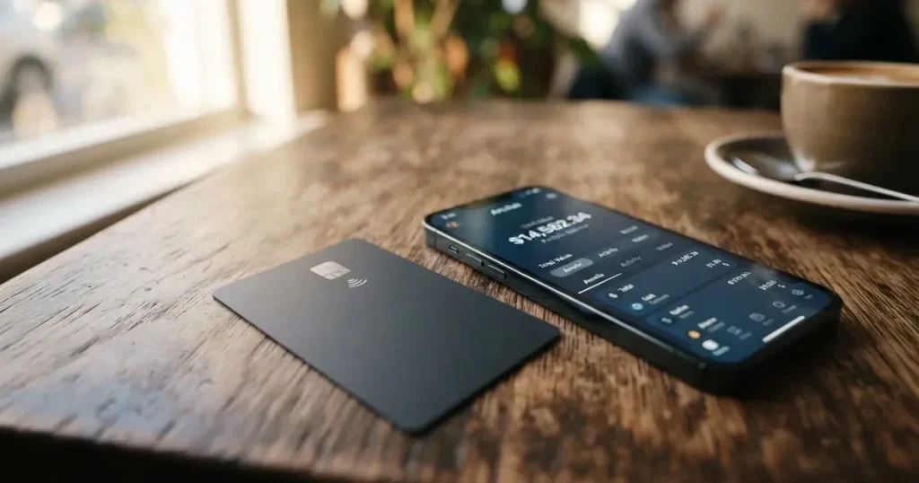 A payment card next to a phone with a crypto wallet app open