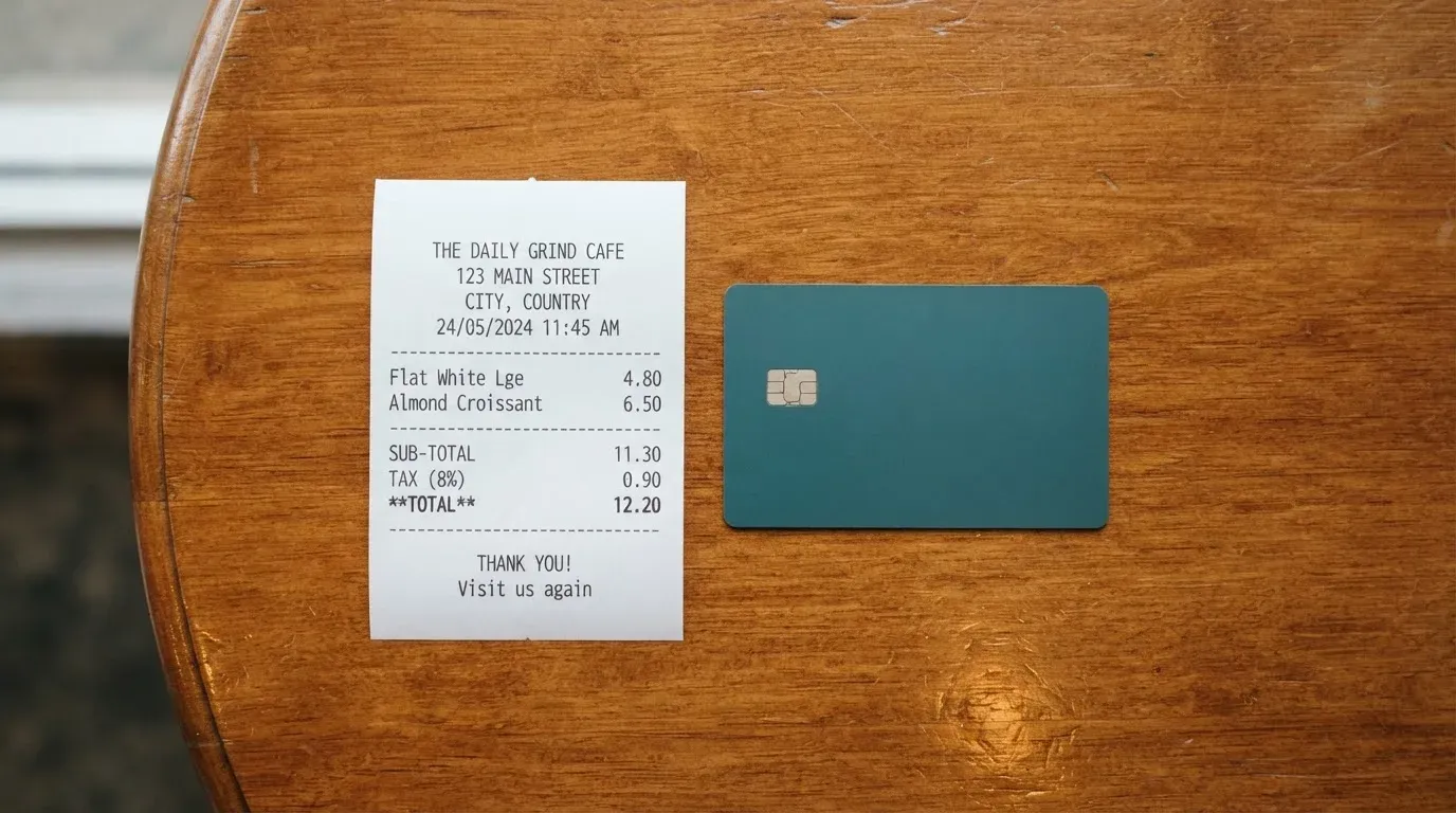 A receipt and a card on a café table