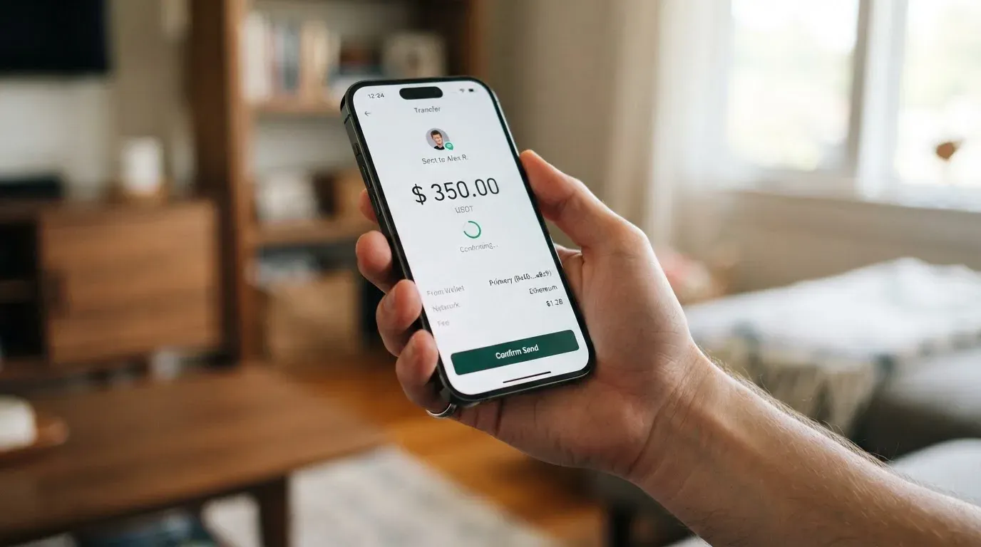 A phone showing a stablecoin transfer screen