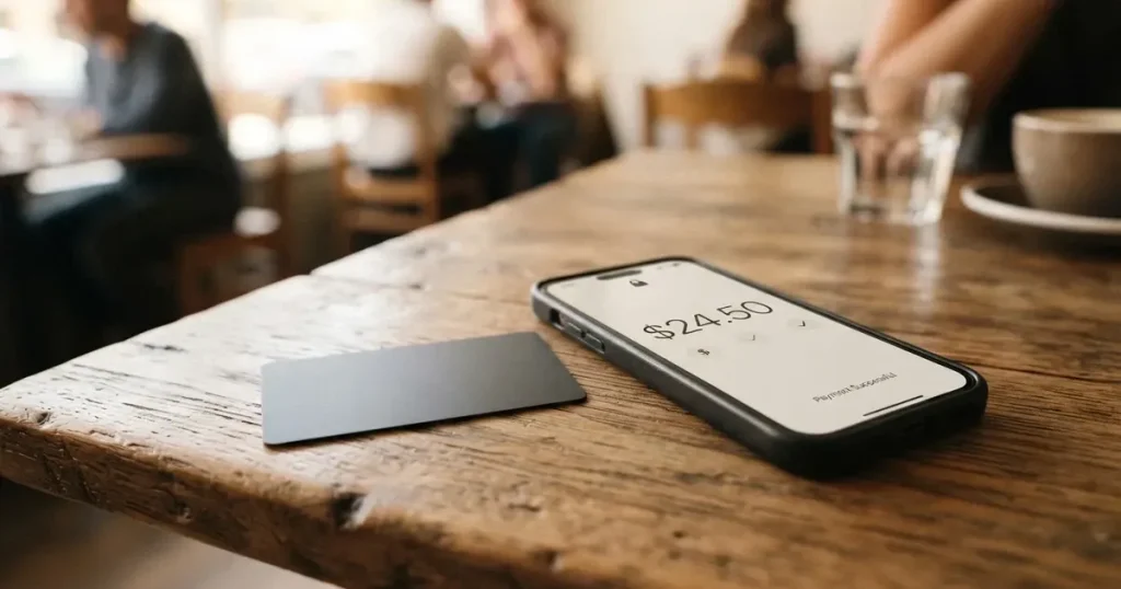 A payment card next to a phone with a crypto wallet app open