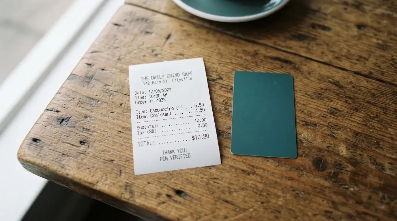 A receipt and a card on a café table