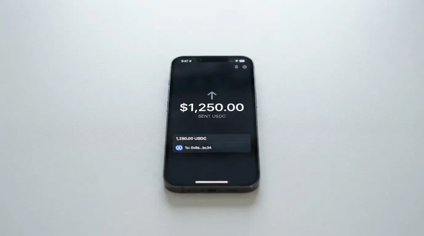 A phone showing a stablecoin transfer screen