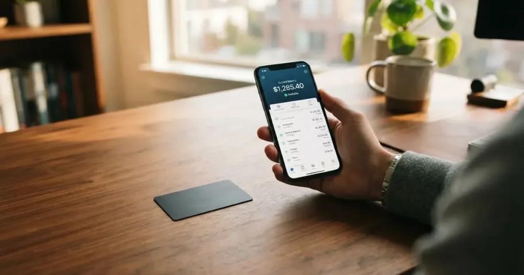 A payment card next to a phone with a crypto wallet app open