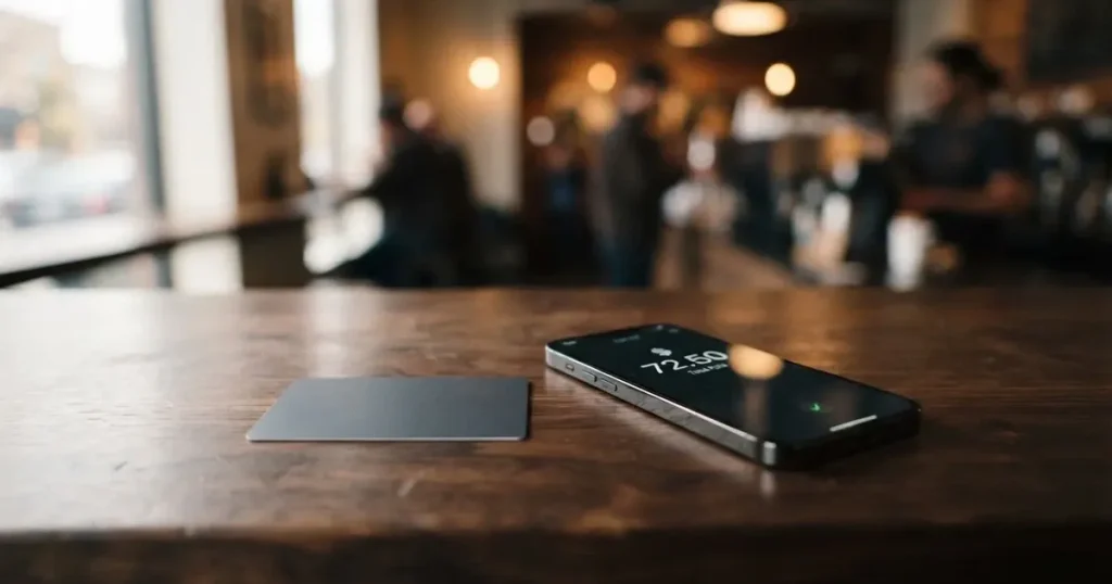 A payment card next to a phone with a crypto wallet app open