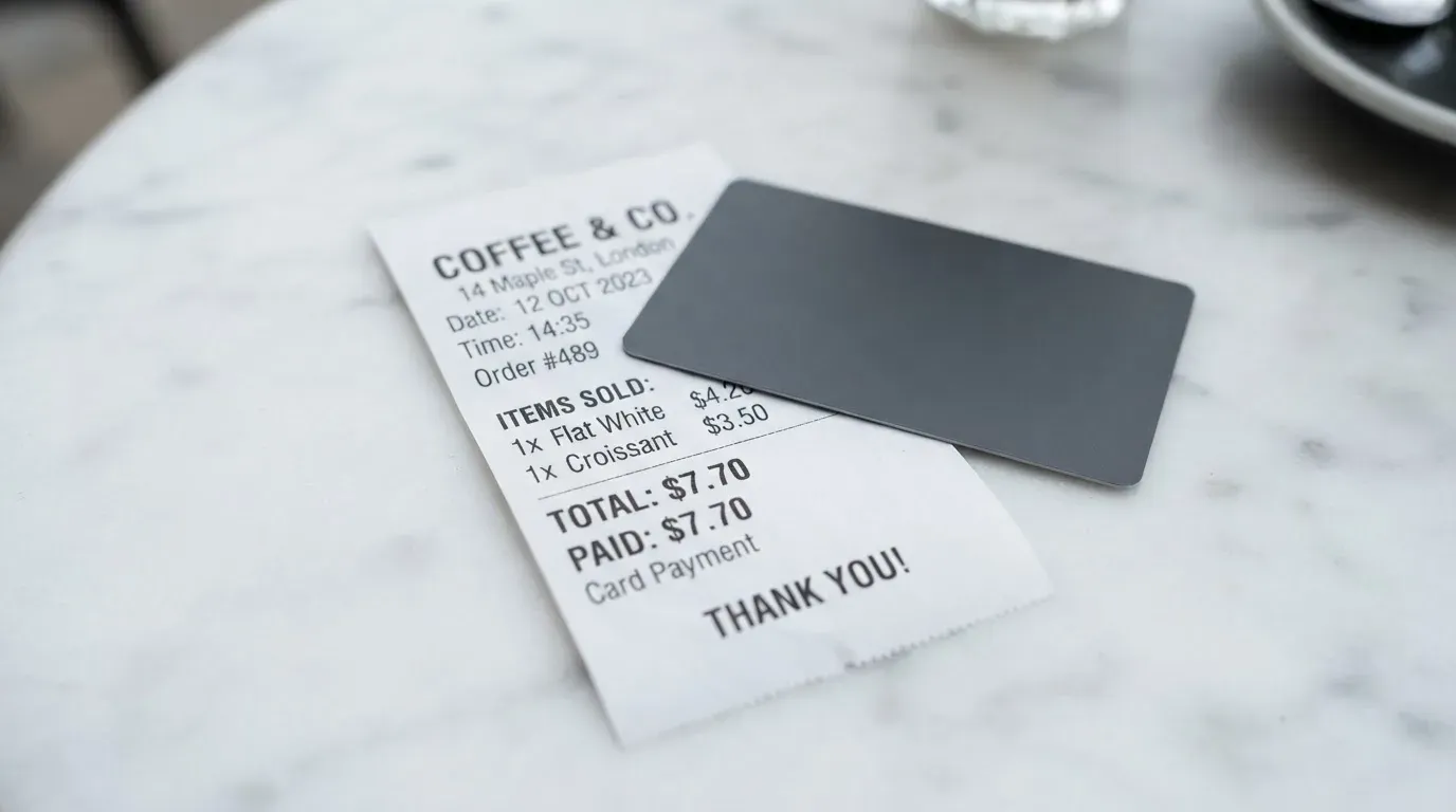 A receipt and a card on a café table
