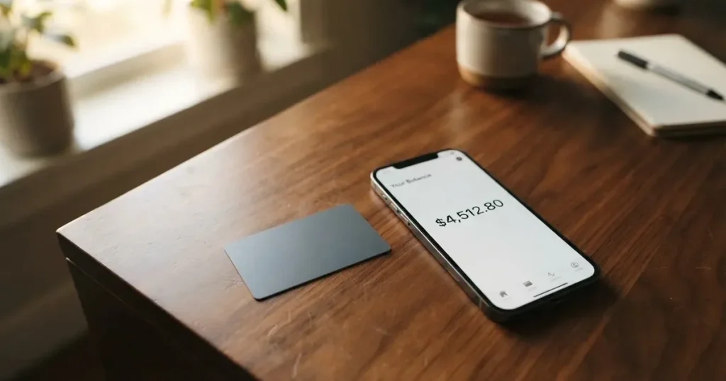 A payment card next to a phone with a crypto wallet app open